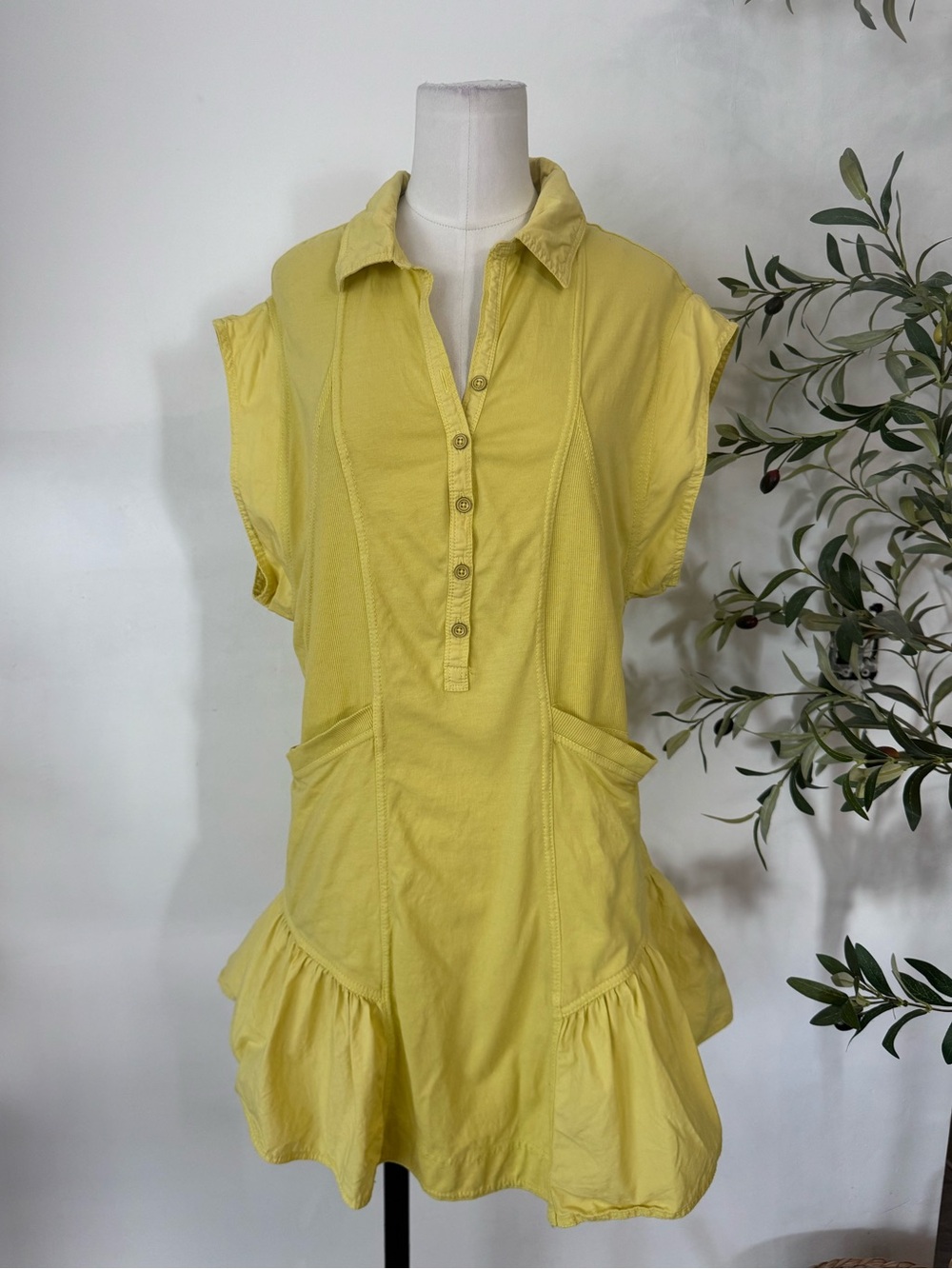 Daily Practice Yellow Cotton Drop Waist Ruffle Shirt Dress XS Pockets